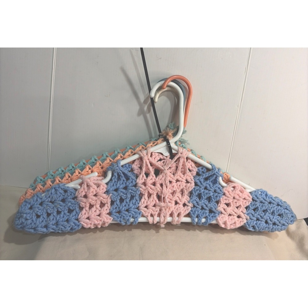 Set Of Four Crotchet Covered Hangers Hand Made Pastel Cottage Core Style